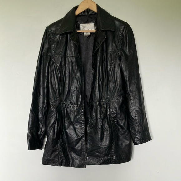 Nine West Black Long Leather Jacket - Picture 1 of 6